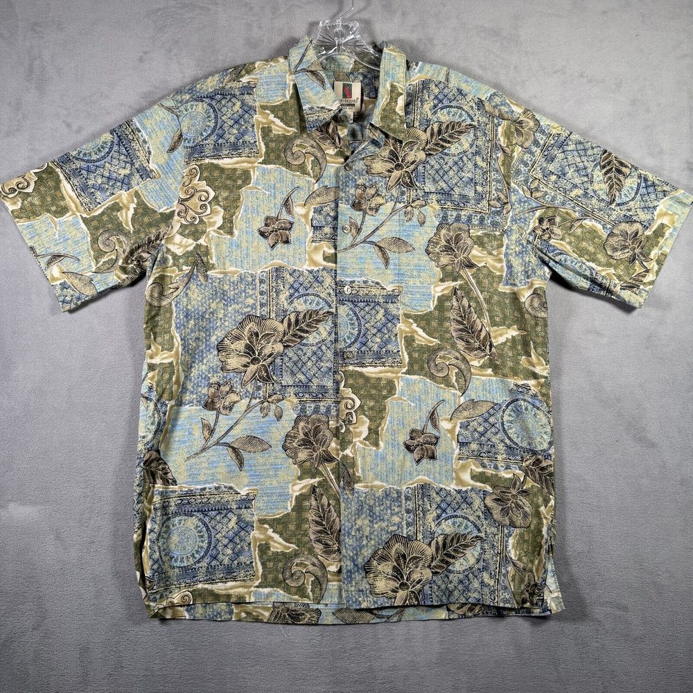VTG Tori Richard Camp Shirt Mens L Blue Green Lawn Cotton Hawaiian Abstract USA